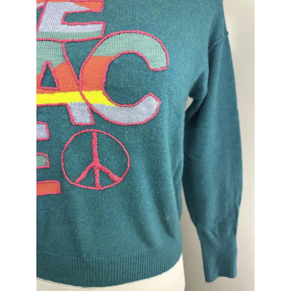 Sundance Colors Of Peace Sweater Teal Rare Rainbow Graphic Soft Wool Blend PXS - Picture 8 of 16